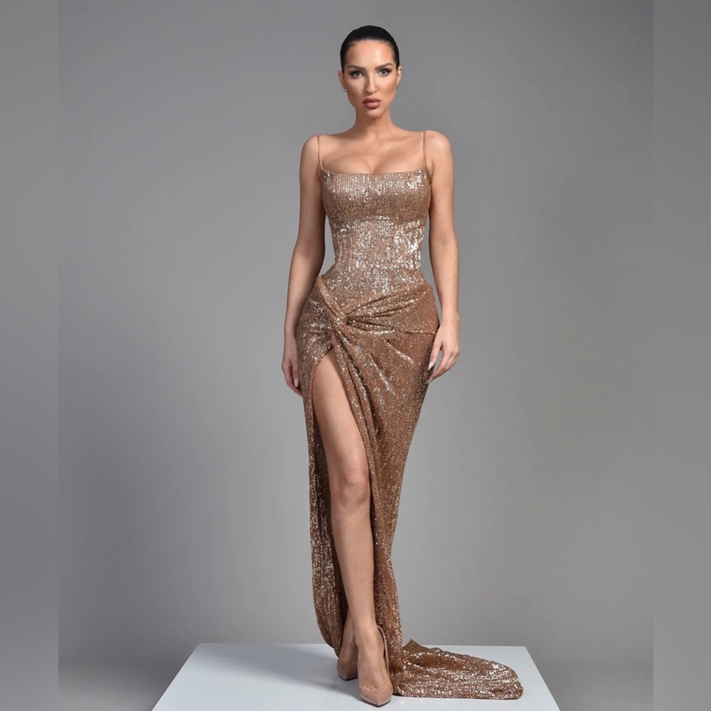 Rose Gold Sequin Slit Two Piece Gown